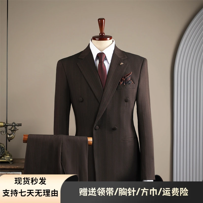 啄木鸟英伦风条纹西装套装男士婚礼结婚新郎修身商务休闲职业西服