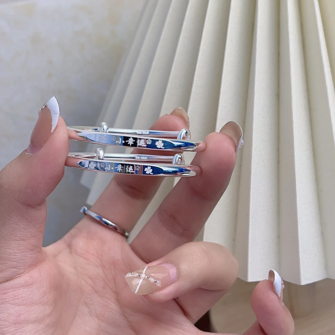 足银手镯 小幸运手镯9999足银宝宝款光面实心银镯子满月周岁礼物