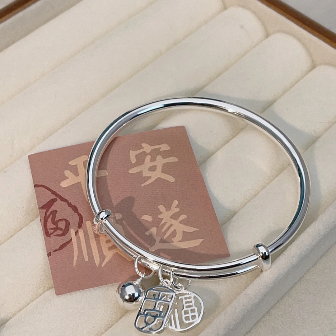 足银手镯 足银手镯女单圈平安福铃铛实心百搭经典送节日生日礼物