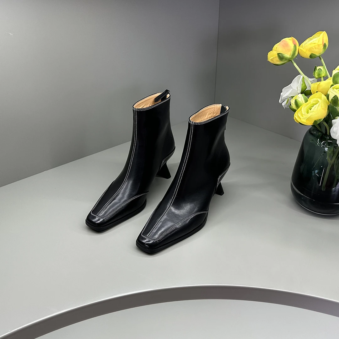 KFY【4cm】2023秋冬新款短靴方头洋气粗跟百搭气质真皮靴X038.