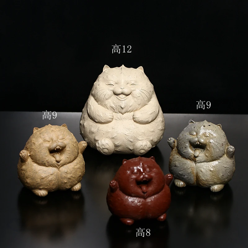 招财猫紫砂茶宠白泥的三款不同烧制法低温高温柴烧朱泥招财猫趣味