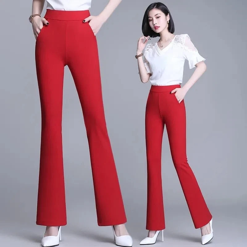 垂感喇叭裤女高腰春秋红色裤子2023新款宽松显瘦休闲直筒微喇女裤