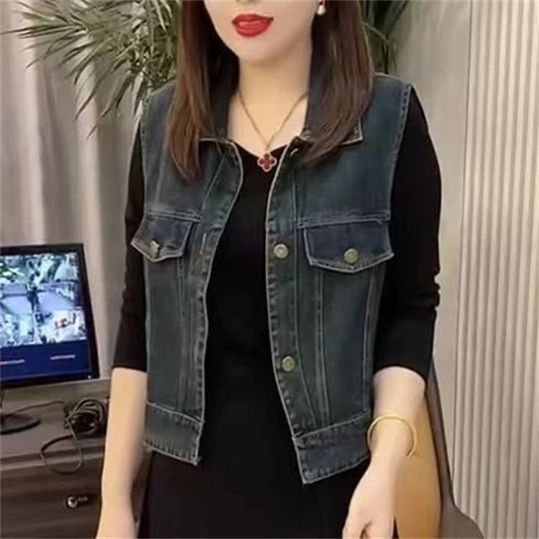 牛仔马甲女春秋季新款复古韩版修身显瘦翻领无袖短款背心坎肩马夹