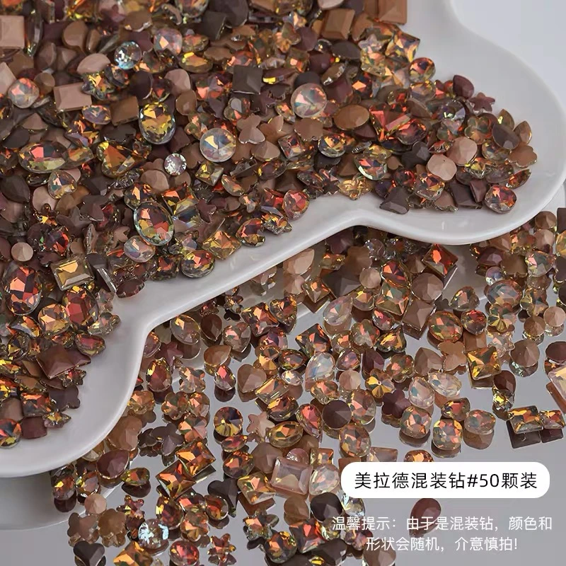 雅梵西儿美甲美拉德风混装尖底异形钻外心冰透美甲店饰品网红同款