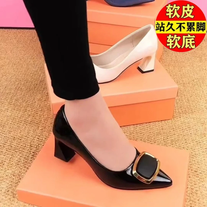 高跟鞋女2024年春季新款气质女鞋尖头粗跟浅口洋气时尚中跟单鞋女