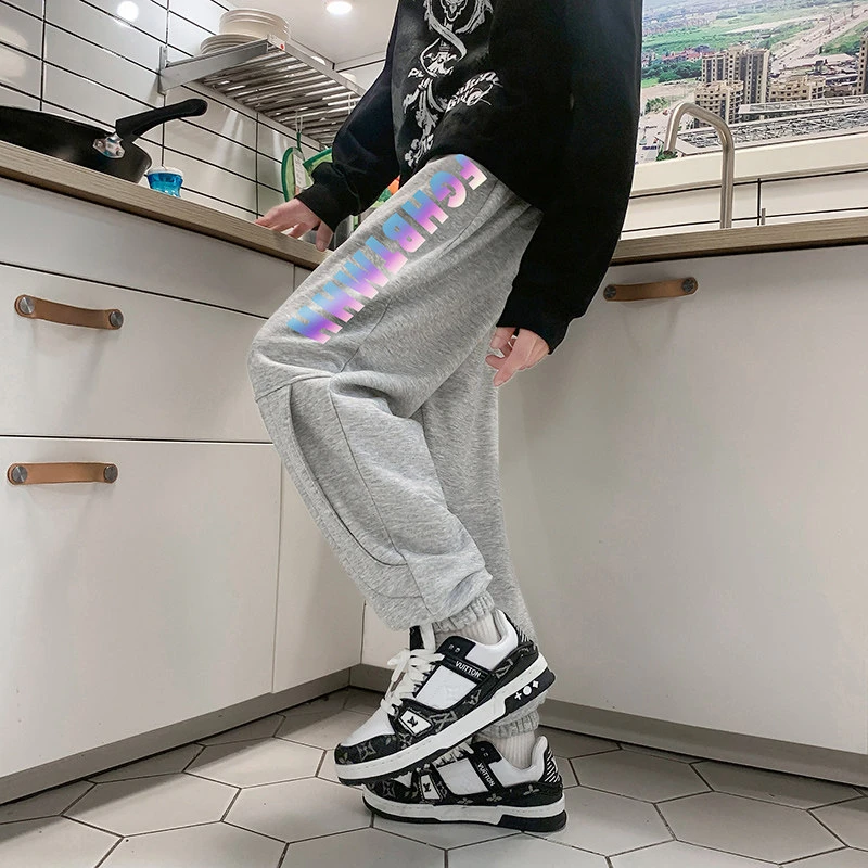 美式复古束脚卫裤男款潮牌大码阔腿裤子小众设计感反光休闲运动裤