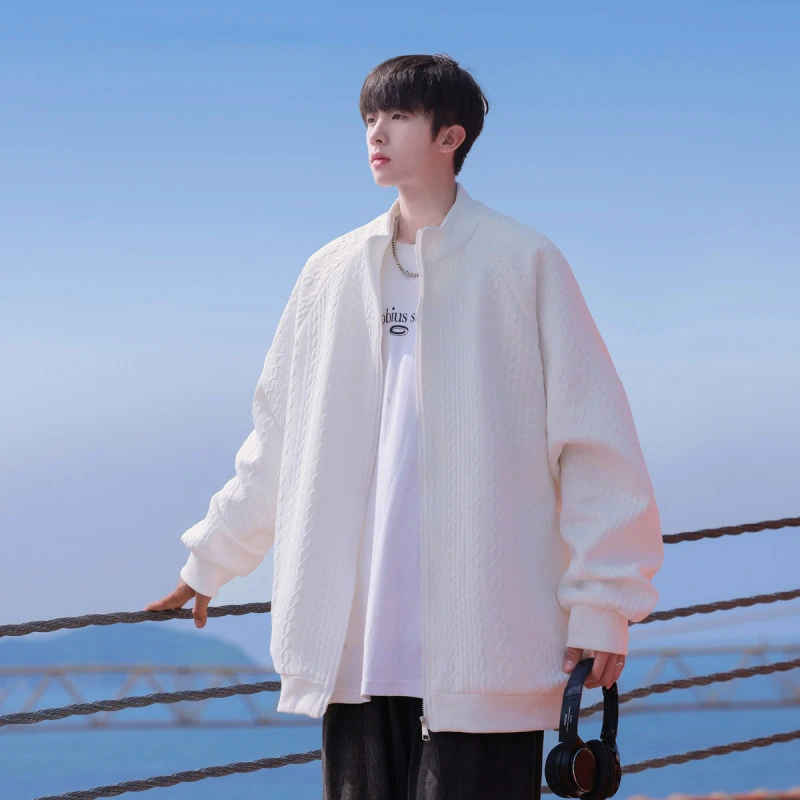 麻花纹夹克男秋季美式宽松潮牌立领外套港风休闲百搭高级感上衣服