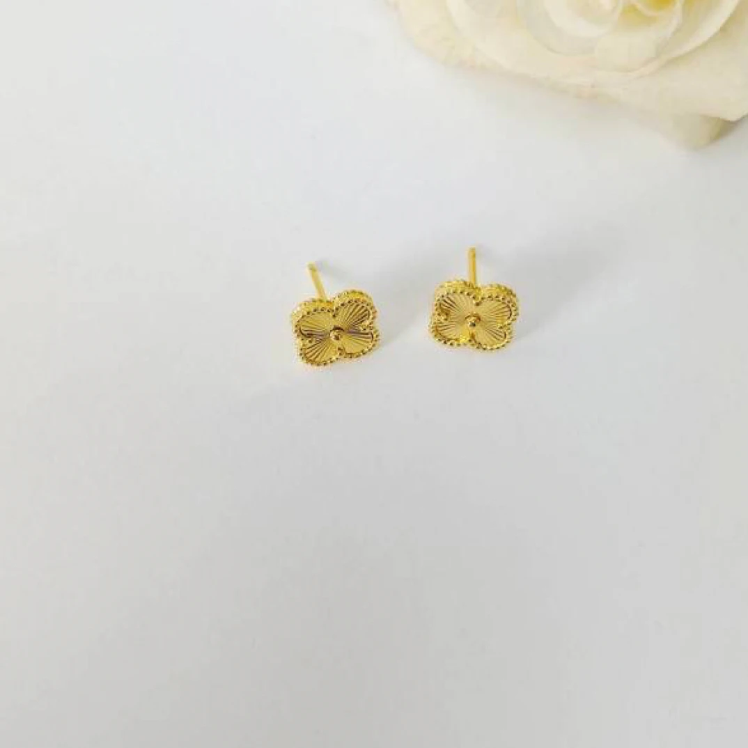 足银耳饰 足银金色四叶草耳钉厚包工艺百搭