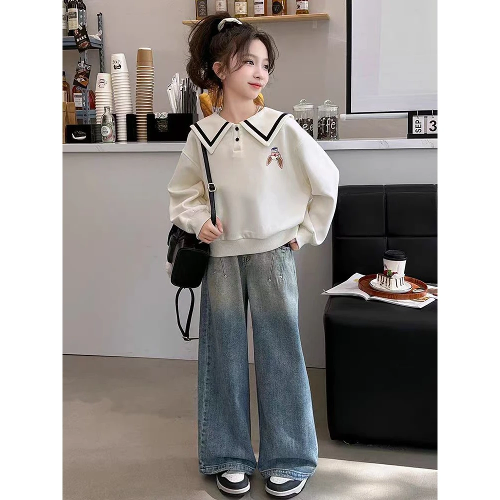 女童春秋套装2025新款女大童洋气童装海军领卫衣阔腿裤儿童两件套