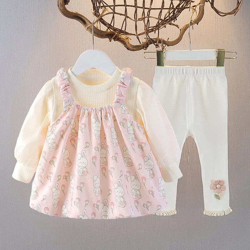 2025新款女童秋季长袖上衣三件套卡通可爱打底衫短款时尚儿童套装