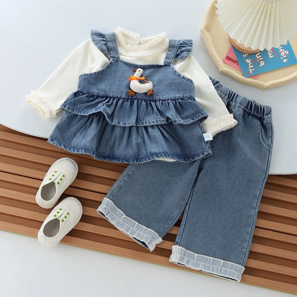 女童秋装套装2025新款韩版洋气荷叶边三件套儿童装1-6岁牛仔春秋
