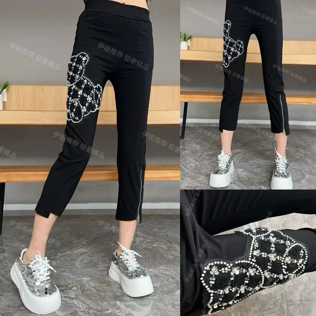 【YJ·高定】2025春夏薄款弹力修身小熊刺绣百搭显瘦八分小黑裤YK222