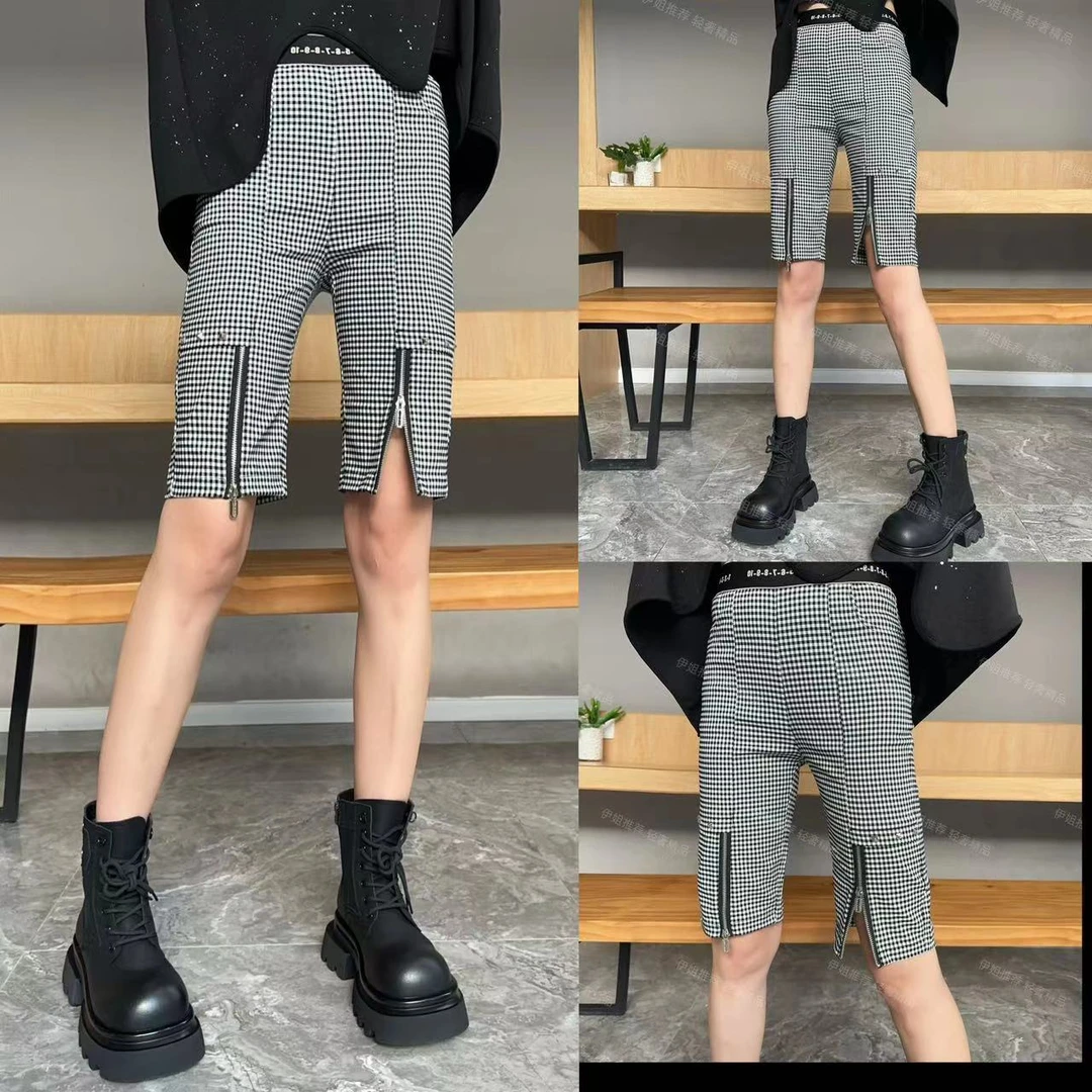 【YJ·高定】2025夏季薄款松紧腰百搭修身高腰五分拉链格子裤女YK232