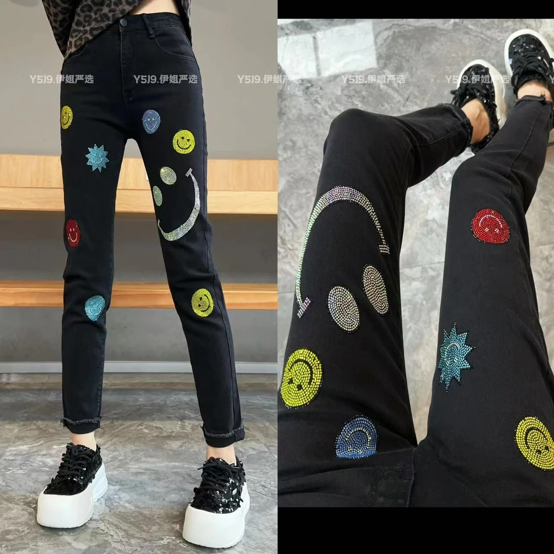 【YJ·高定】2024秋季弹力百搭烫钻中高腰修身显瘦九分牛仔裤女YK374