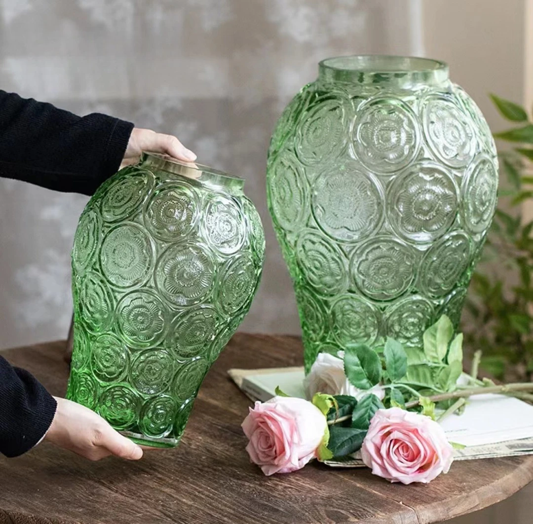 现代简约大玻璃花瓶加厚中古高档浮雕鲜花水培插花瓶客厅餐桌摆件