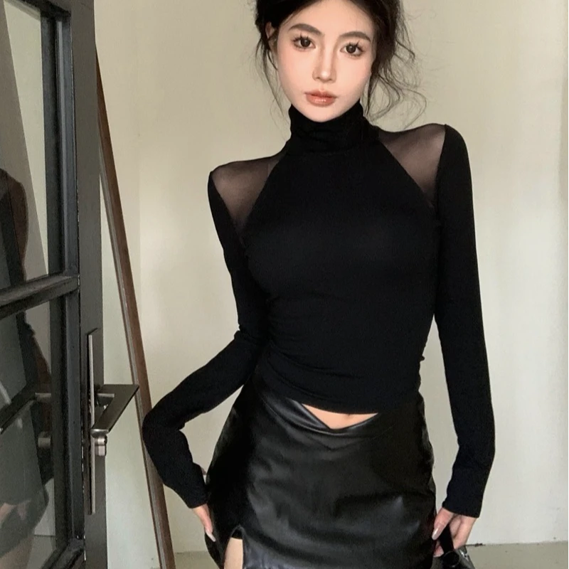 2024冬季新款加绒加厚设计感半高领长袖打底衫女修身显瘦内搭上衣