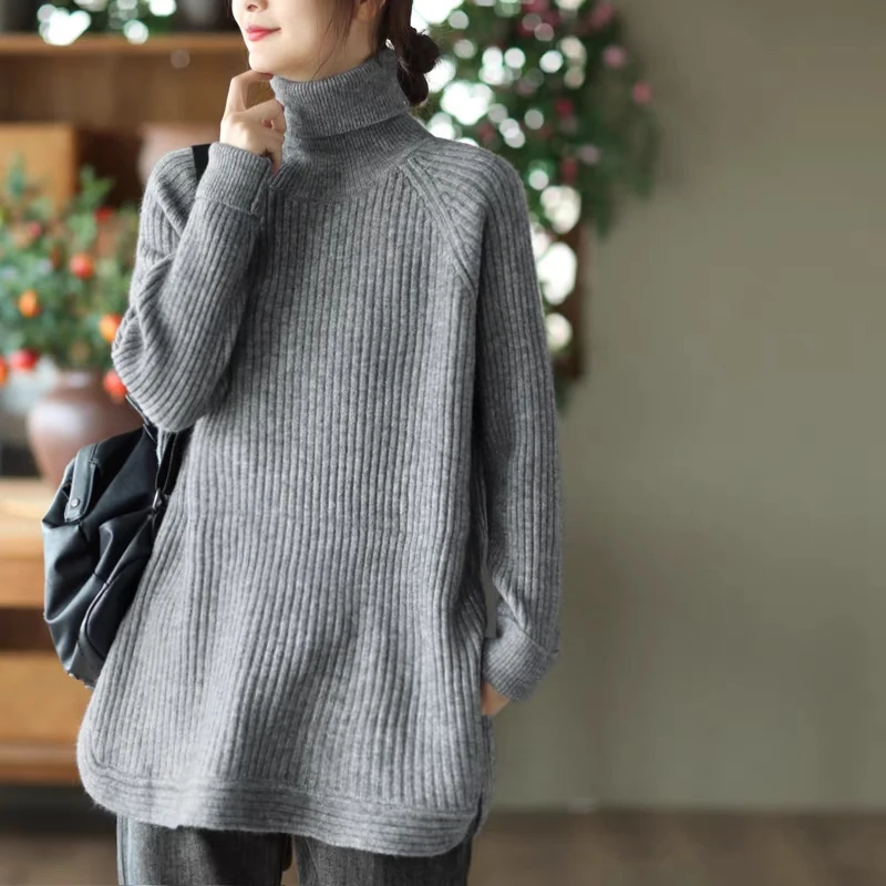 兰若萱慵懒风高领加厚毛衣女秋冬开叉宽松中长款针织衫上衣