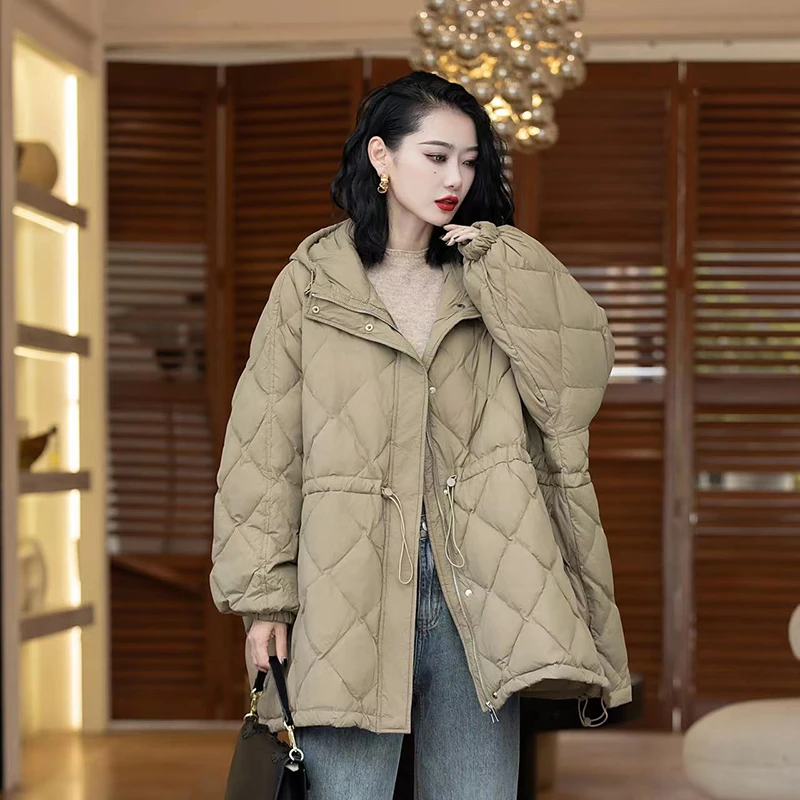 大码羽绒服女200斤2023冬新款白鸭绒宽松保暖时尚百搭连帽外套