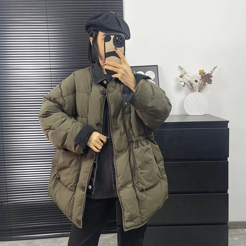 牛仔领拼接假两件中长款大码羽绒服女胖mm收腰宽松大版女装冬