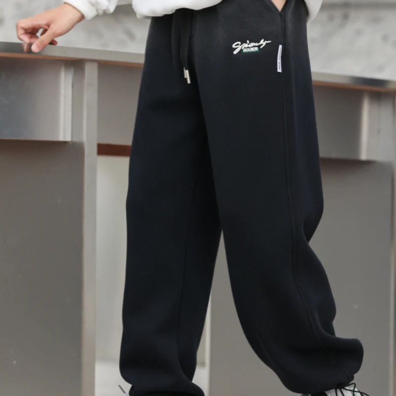 中学生冬季加绒加厚裤子男款潮流时尚百搭针织裤中大童宽松休闲裤