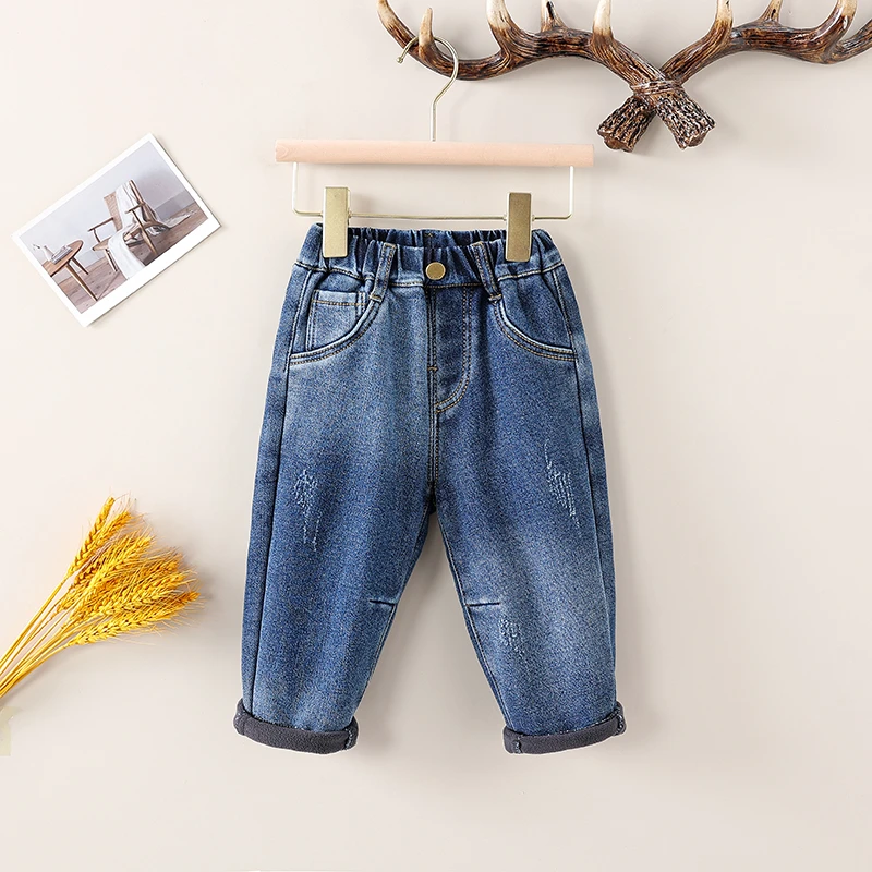 男童牛仔裤小童加绒加厚一体绒牛仔裤冬季穿搭弹力裤子宝宝牛仔裤