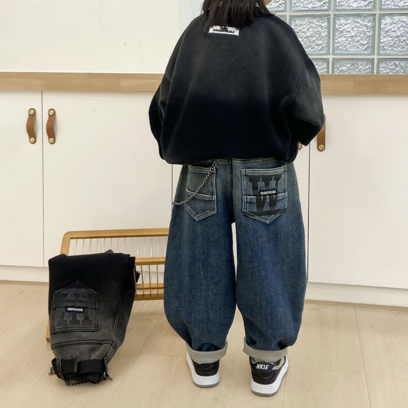 男童秋冬加阳里子百搭裤子男童老爹裤儿童韩版休闲宽松时尚牛仔裤