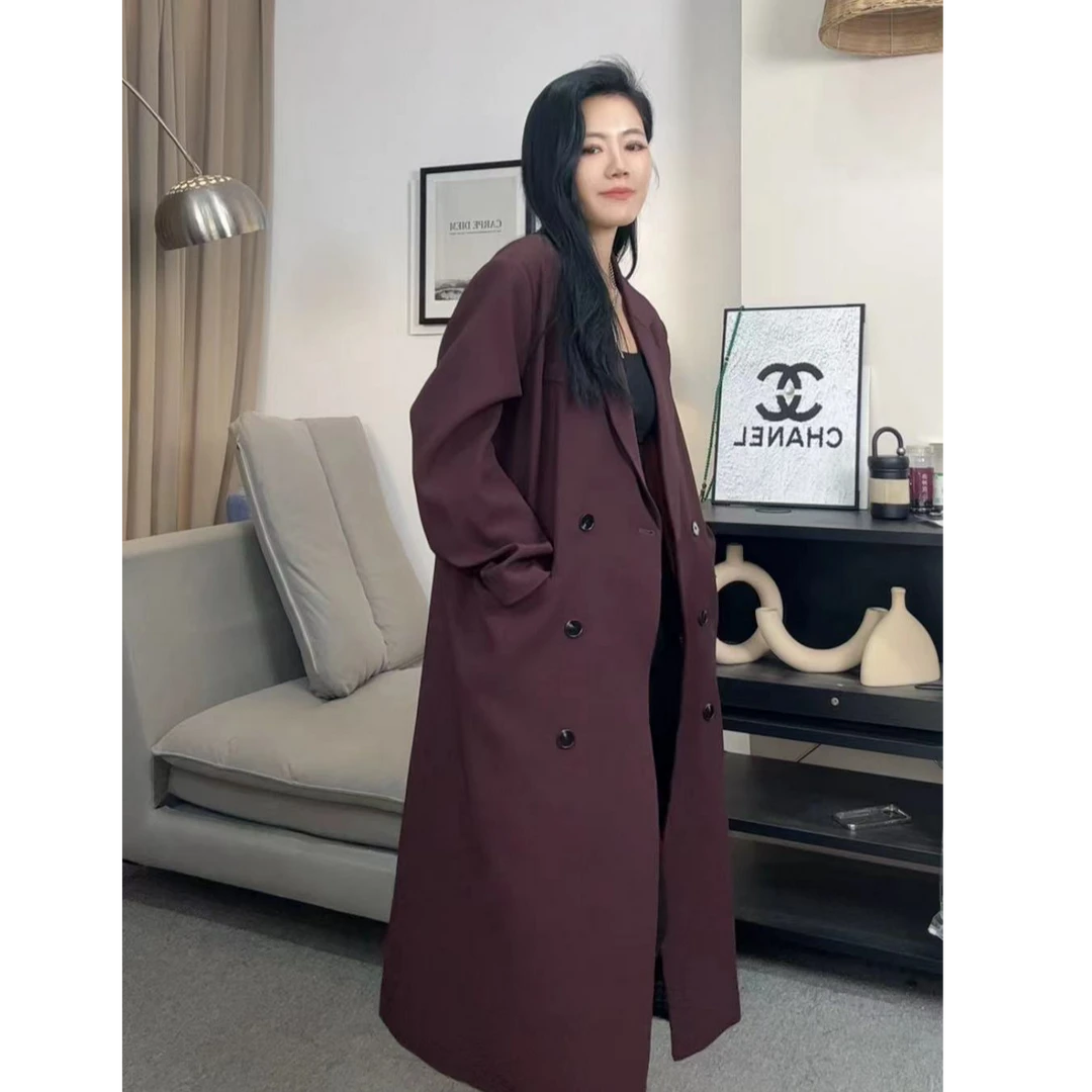 LINLIN-气质英伦风高级感翻领双排扣系带收腰长款风衣