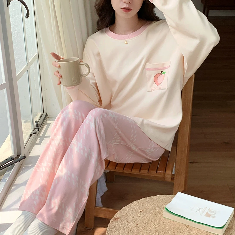 25年新款睡衣女薄款宽松长袖简约休闲风家居服80011