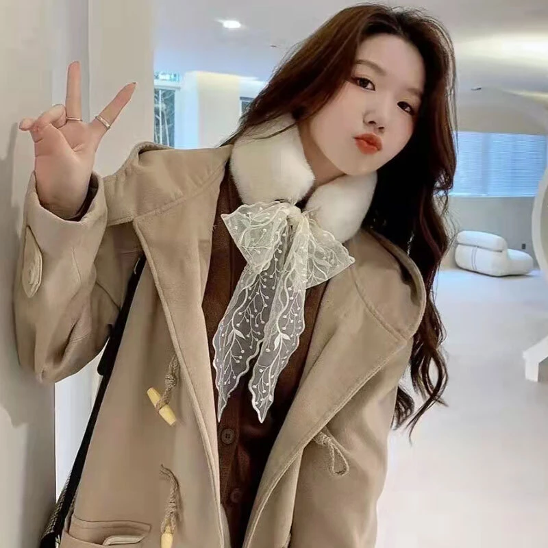 新款毛毛围巾蕾丝拼接时尚百搭