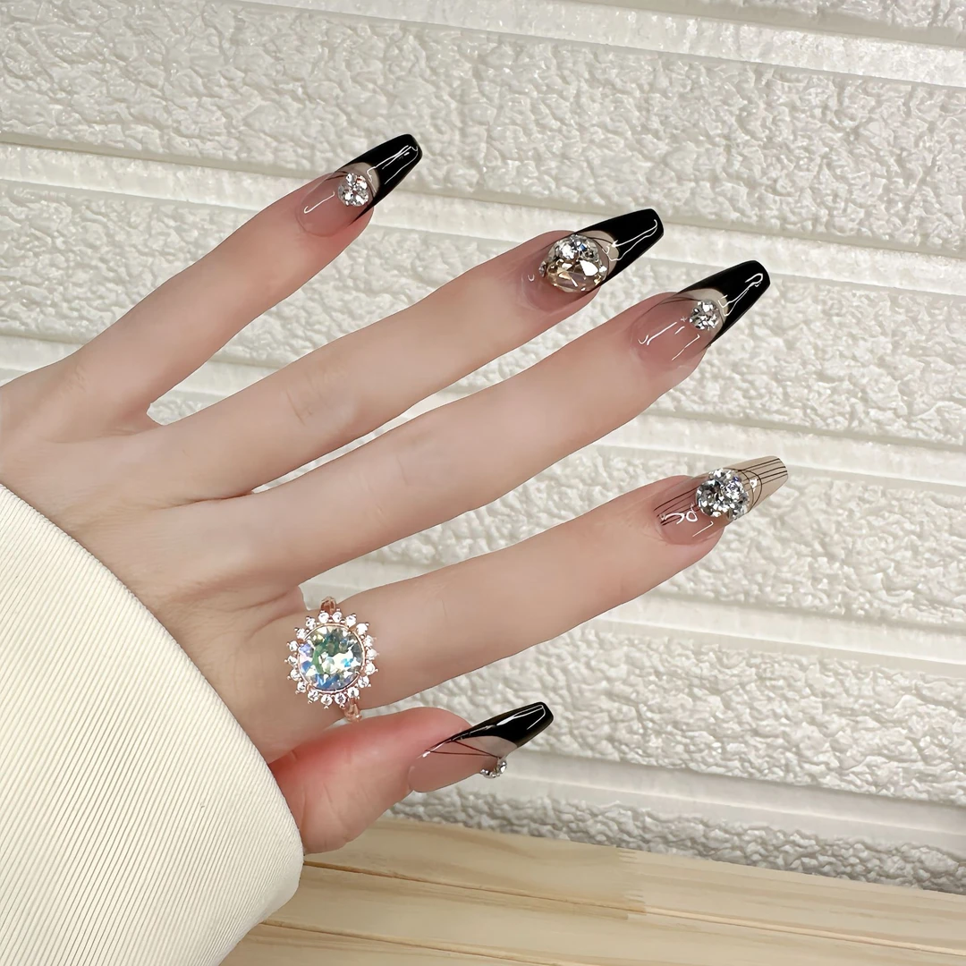 正品施华洛高定款纯手工华子穿戴甲贴钻美甲款式黑色法式