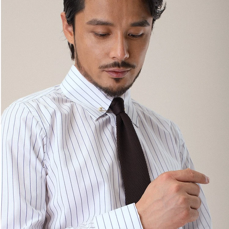 CULTUM棉条纹针孔领衬衫男长袖修身绅士帝国领法式袖口衬衣