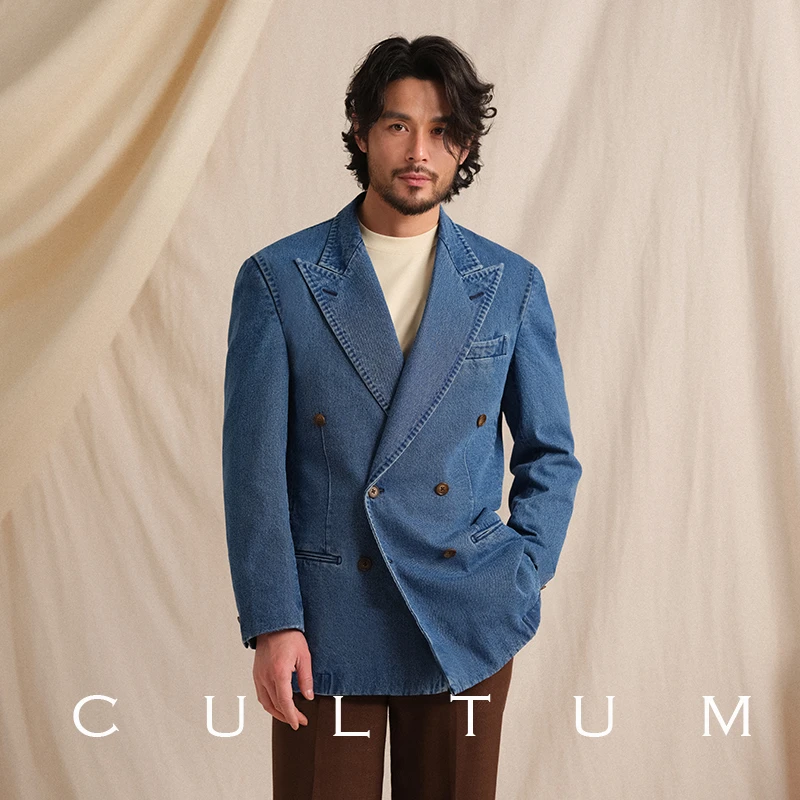 【无结构水洗牛仔】CULTUM100%棉戗驳领西服男复古双排扣西装外套