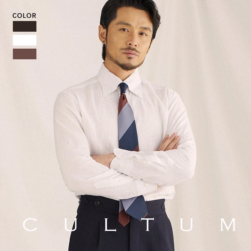 CULTUM 亚麻绅士复古大尖领ivy风格夏季休闲薄衬衫男透气衬衣