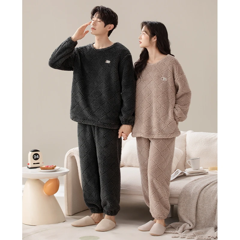 法兰绒睡衣女春秋长袖情侣加厚套装新款秋冬珊瑚绒保暖家居服男士