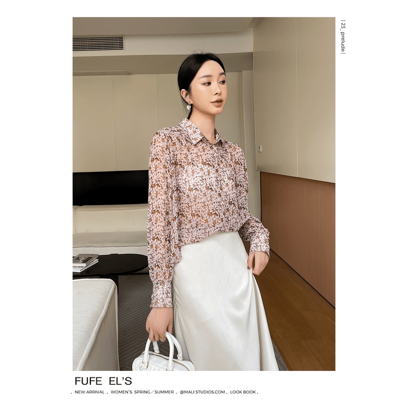 2023年新款春夏装薄款紫色碎花衬衫女真丝衬衣高级感别致上衣