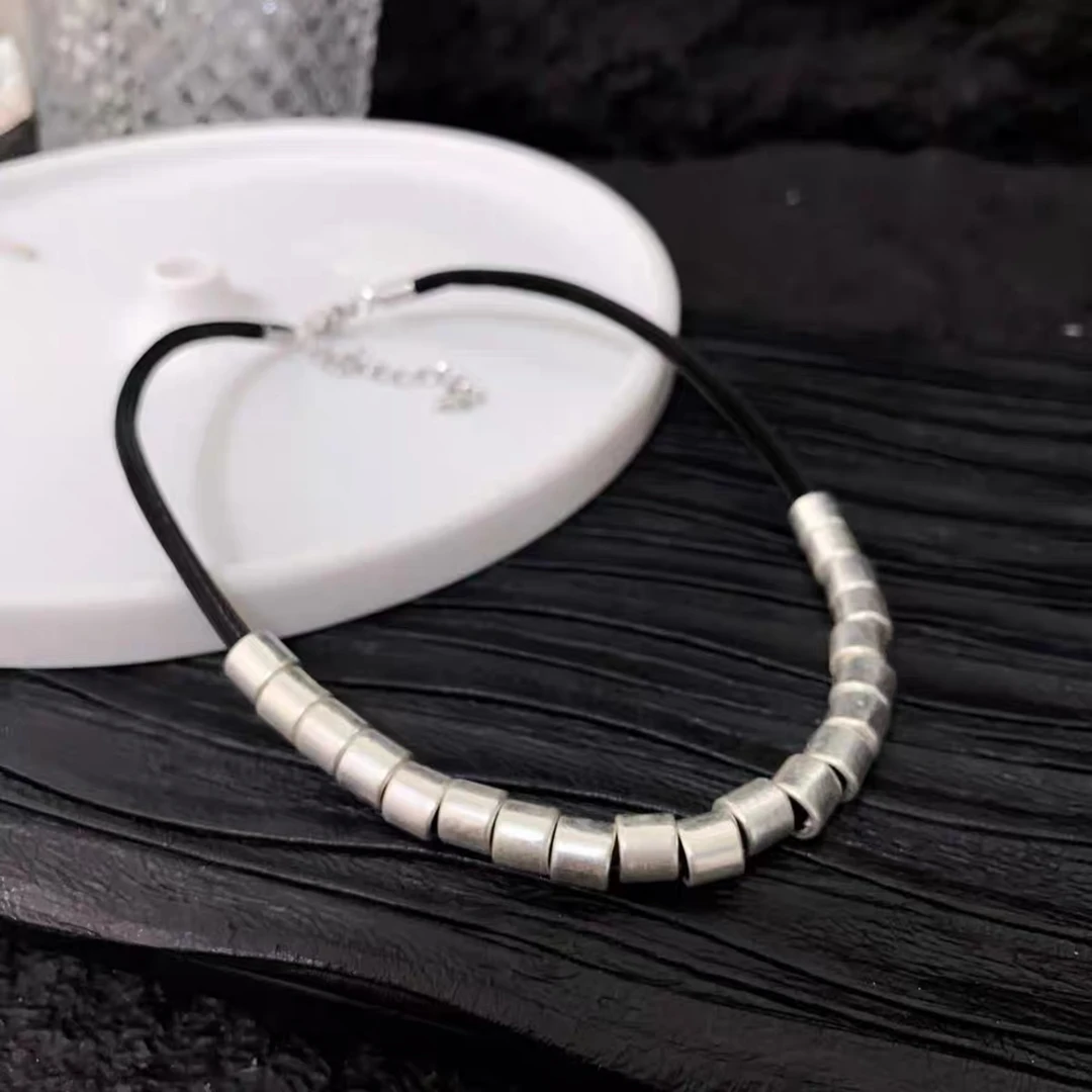 铜合金皮质项链 复古名族风多个银色金属圆圈黑绳项链锁骨链颈饰