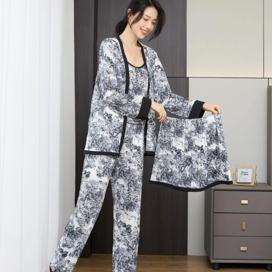 升级版国潮风印花水墨画薄款居家四件套睡衣