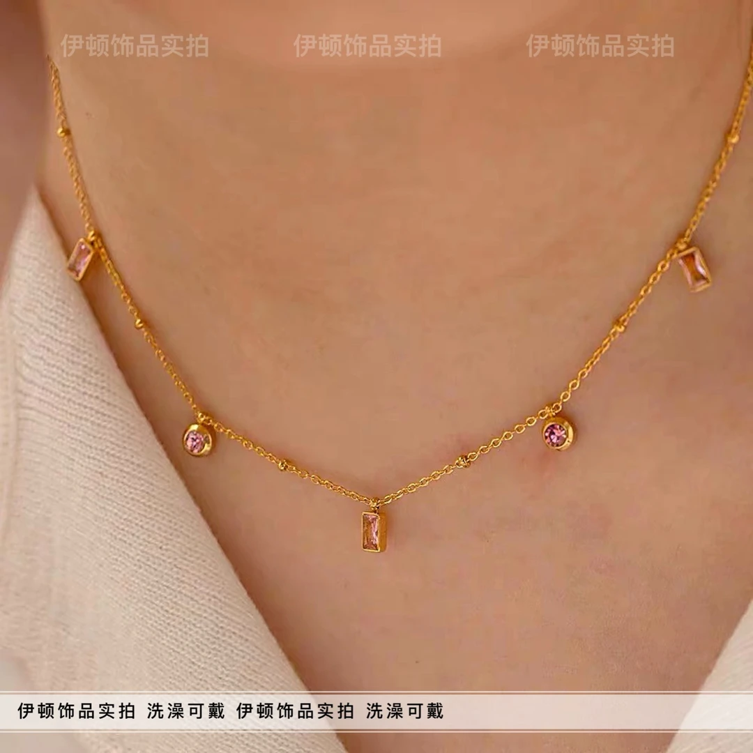 钛钢项链 【钛钢不掉色】波西米亚风檀健次同款粉紫锆石几何锁骨链