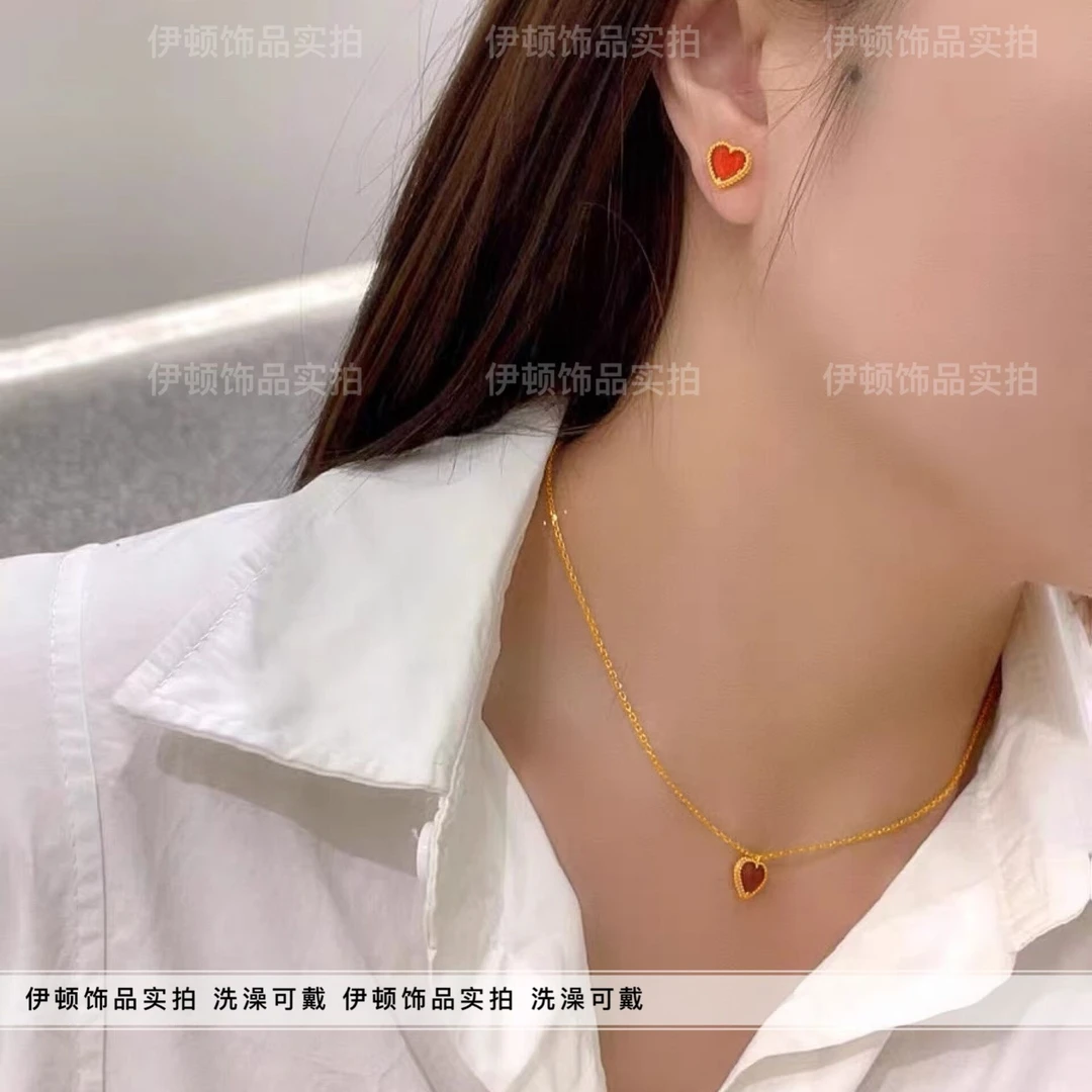 钛钢项链 【洗澡不用摘】简约百搭浪漫红爱心桃心项链手链耳钉套装