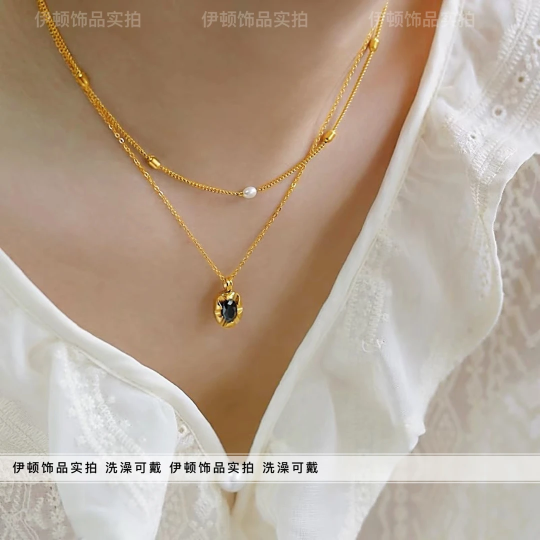 钛钢项链 【钛钢不掉色】小众设计法式新款复古黑锆石叠戴风锁骨链