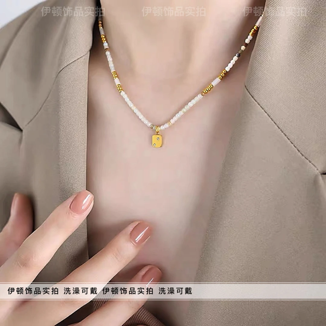 钛钢项链 【洗澡不用摘】度假风彩色串珠简约方块锆石ins太阳星项链