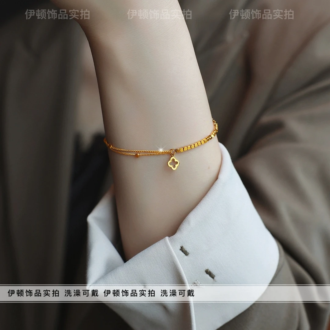 钛钢手链 【钛钢不掉色】2024新款ins高级感爆闪蹦迪方糖四叶草手链