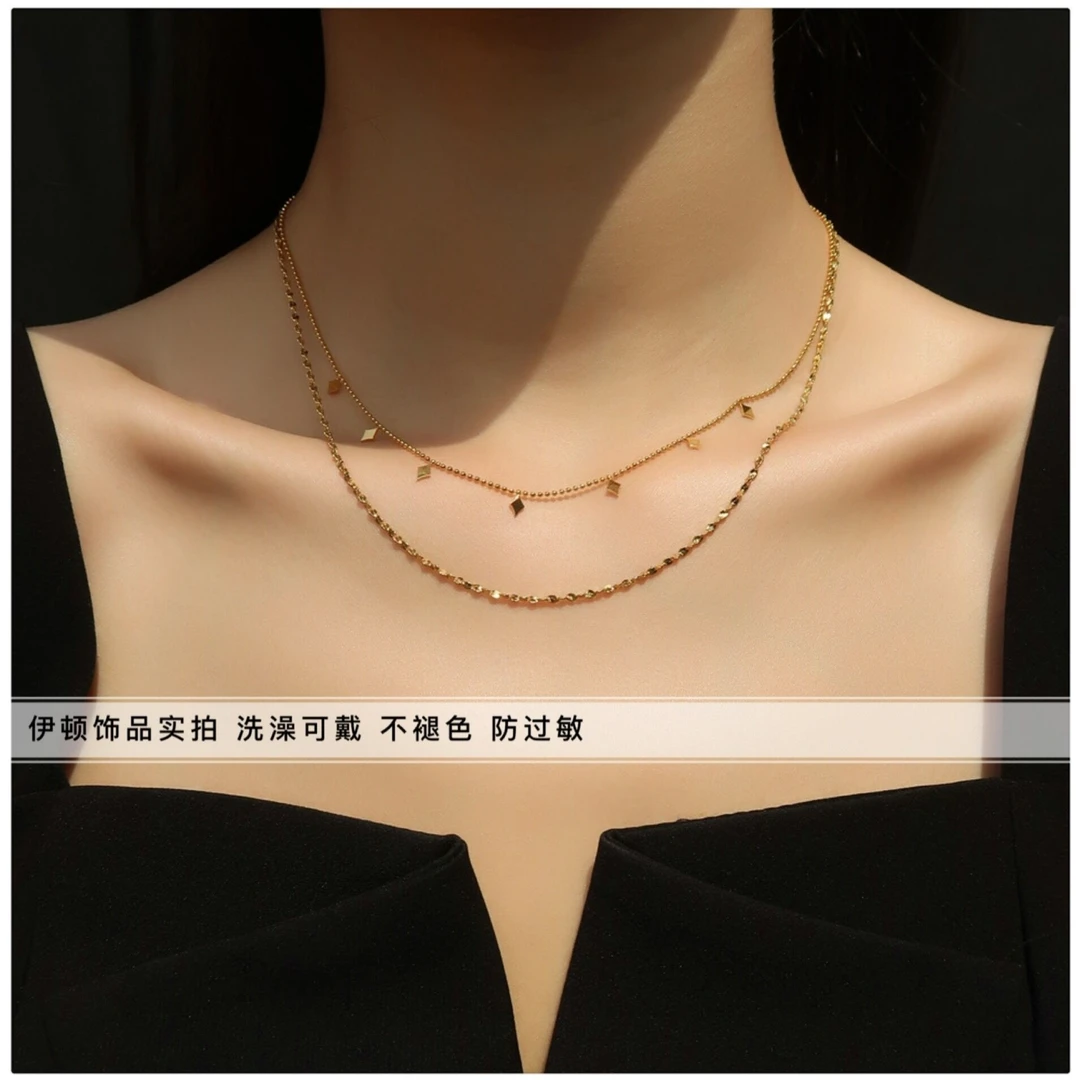 钛钢项链 【洗澡不用摘】极简冷淡风菱形亮片双层锁骨链饰品 项链