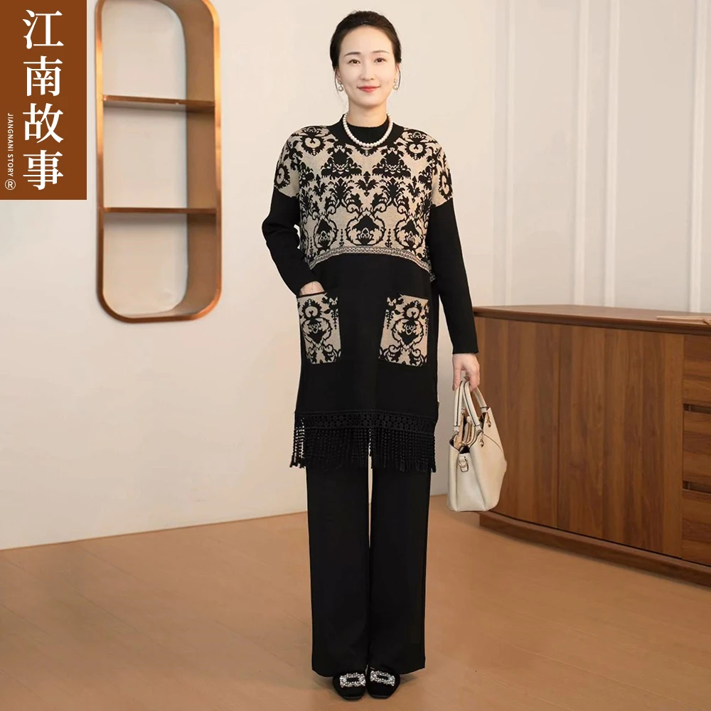 江南故事「清仓」妈妈装印花上衣气质显瘦秋冬百搭宽松洋气外套