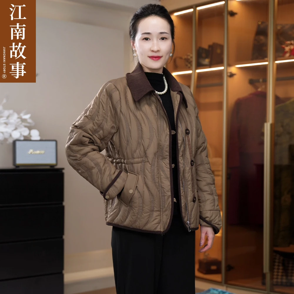 江南故事妈妈装休闲时尚外套格纹针织宽松休闲秋冬气质百搭棉服