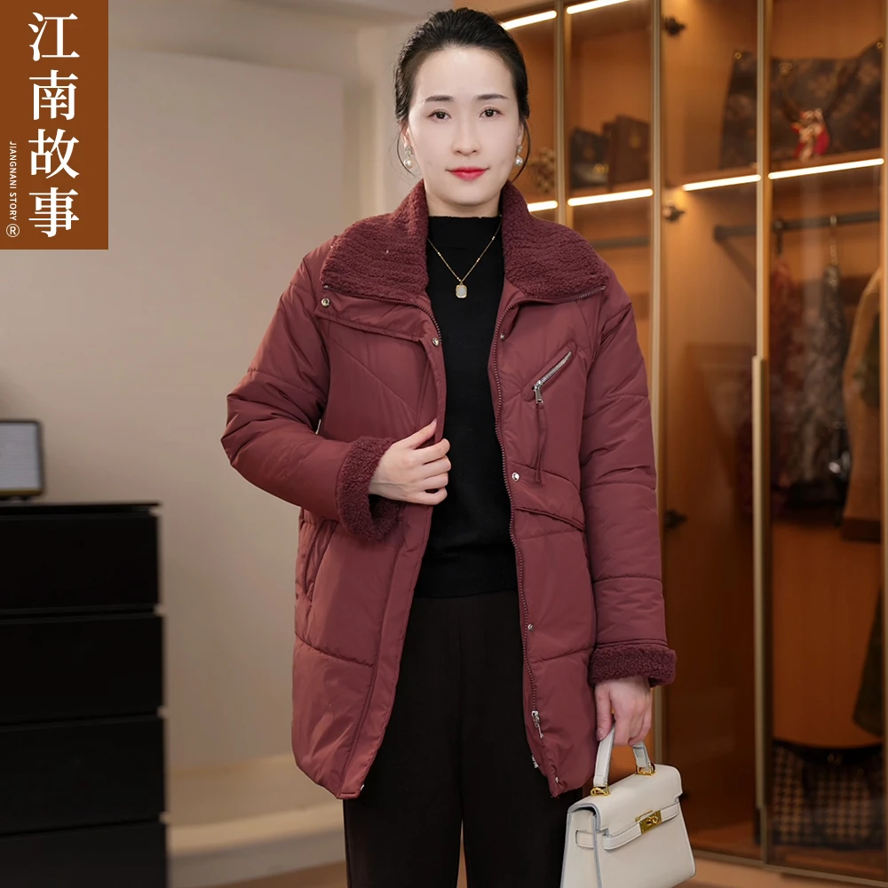 江南故事「清仓」妈妈装拼接领口外套秋冬时尚休闲中老年保暖棉服