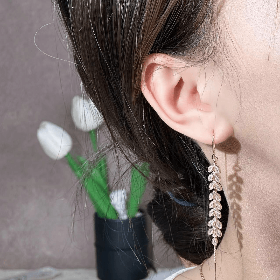 铜合金耳饰 S925银针耳饰 法式树叶流苏耳线 J0052JS