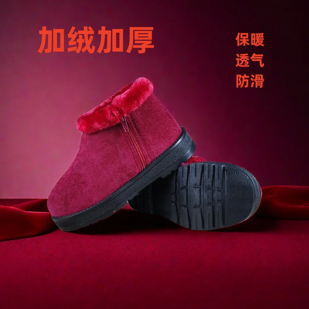 冬季高帮手工棉鞋加绒加厚男女灯芯绒防滑保暖鞋中老年人家居棉鞋