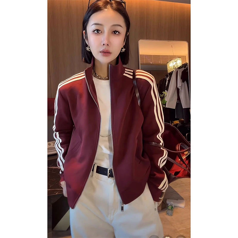 欧货早秋新款安可拉红三条杠立领短外套女百搭显瘦拉链开衫夹克衫