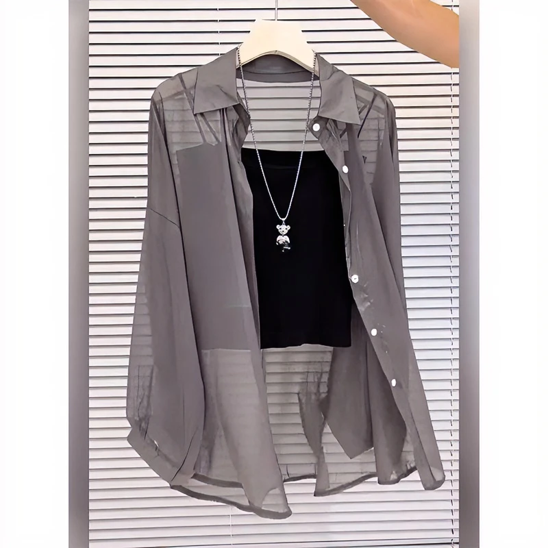 透气轻薄珠光纱防晒衬衫女2025夏季新款薄款微透防紫外线长袖衬衣